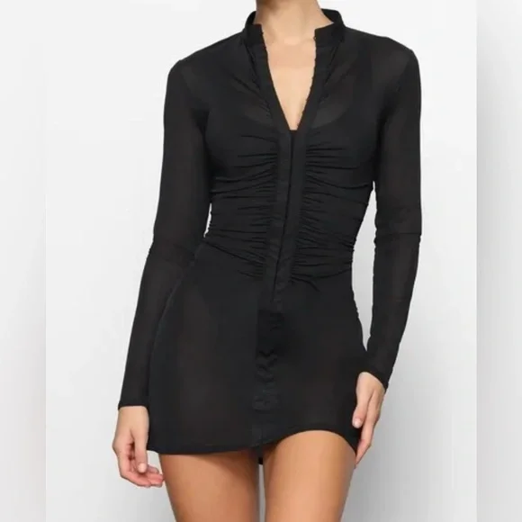 SKIMS MESH COVER UP LONG SLEEVE RUCHED DRESS - Picture 2 of 5